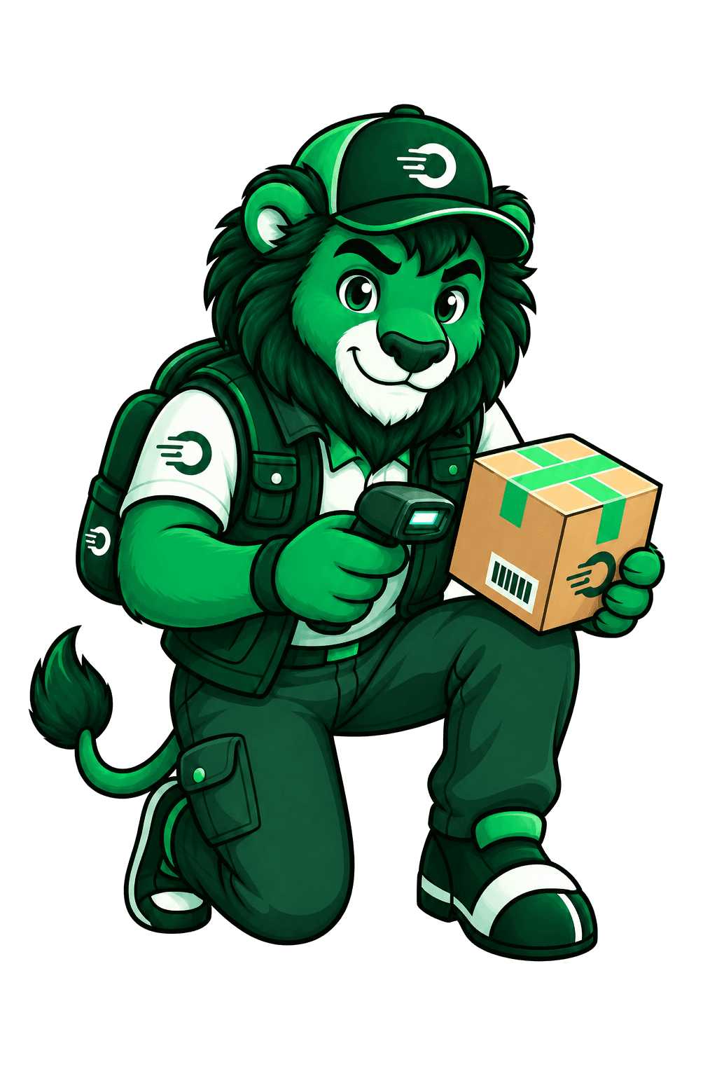 Oncexpress lion tracker crouching to scan a parcel