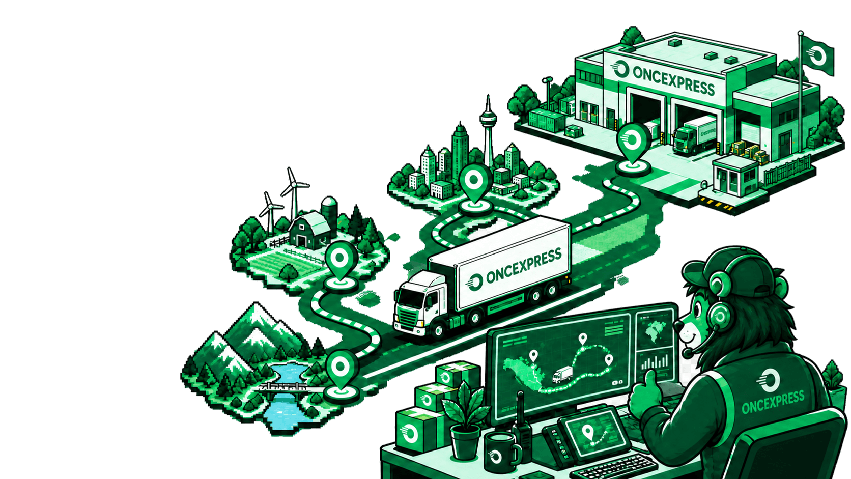 Oncexpress truck route linking a branded depot, regional checkpoints and a lion dispatcher